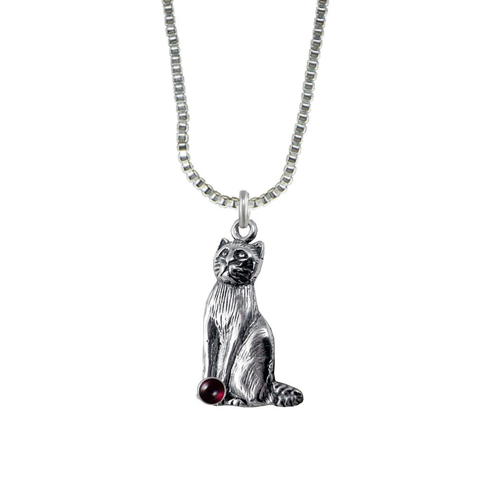 Sterling Silver Regal Cat Pendant With Garnet